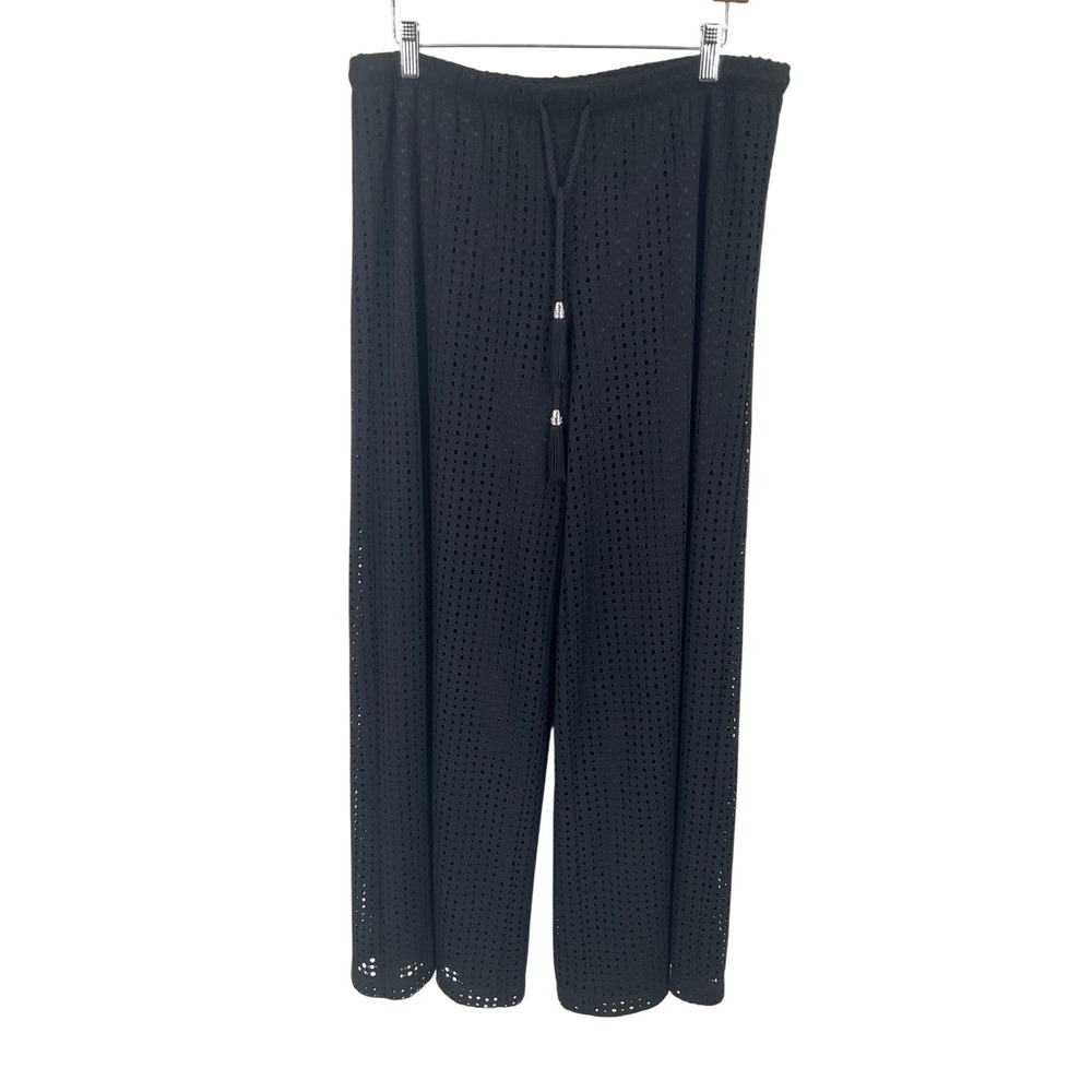 Chico's Wide Leg Pants Women 2 Black Eyelet Tassel Drawstring Boho Breezy Resort